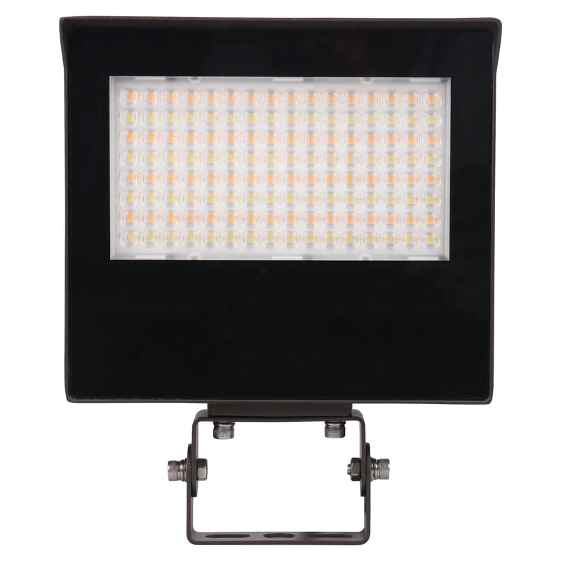 A rectangular black LED floodlight with a grid of small warm-white LEDs on the front and a mounting bracket below, shown against a plain white background.