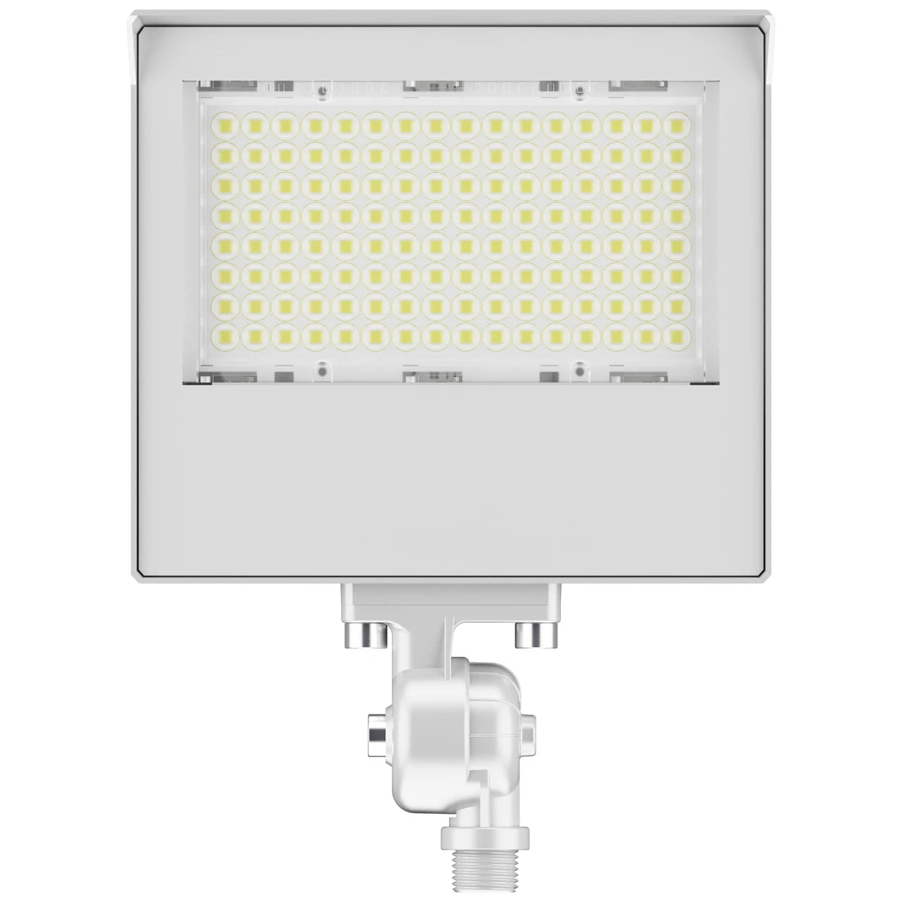 A white rectangular LED floodlight with a grid of small yellow-gold LED chips on the front, mounted on a white adjustable bracket with a threaded base, shown against a plain white background.