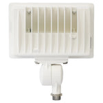 A white outdoor LED light fixture with a ribbed rectangular faceplate and a mounting collar with a metal connector, shown against a plain white background.