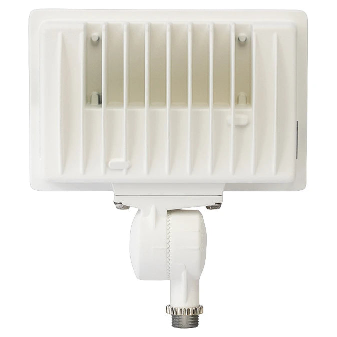 A white outdoor LED light fixture with a ribbed rectangular faceplate and a mounting collar with a metal connector, shown against a plain white background.