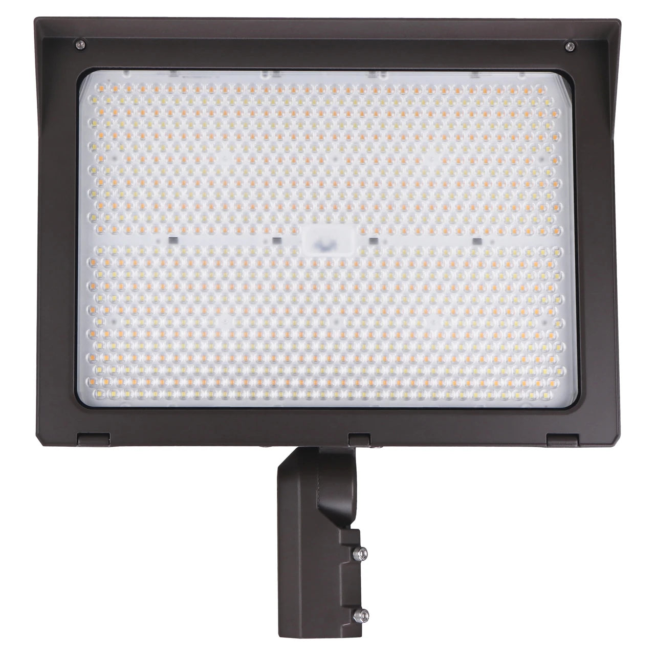 A rectangular outdoor LED wall light fixture with a bronze metal frame and mounting bracket, shown against a solid white background.