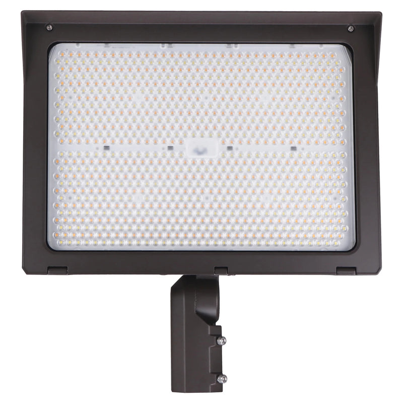 A rectangular outdoor LED wall light fixture with a bronze metal frame and mounting bracket, shown against a solid white background.