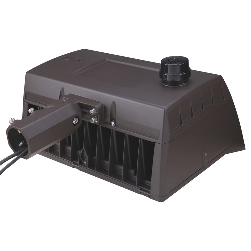 A bronze outdoor LED light fixture with a mounting bracket and black cable, shown on a plain white background.
