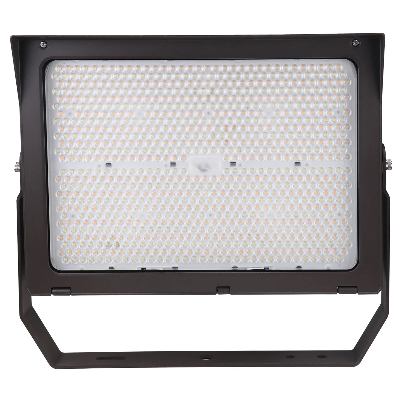 A large rectangular LED floodlight with a bronze metal housing and mounting bracket, featuring a white diffuser cover with a dense grid of small warm-white LED chips.