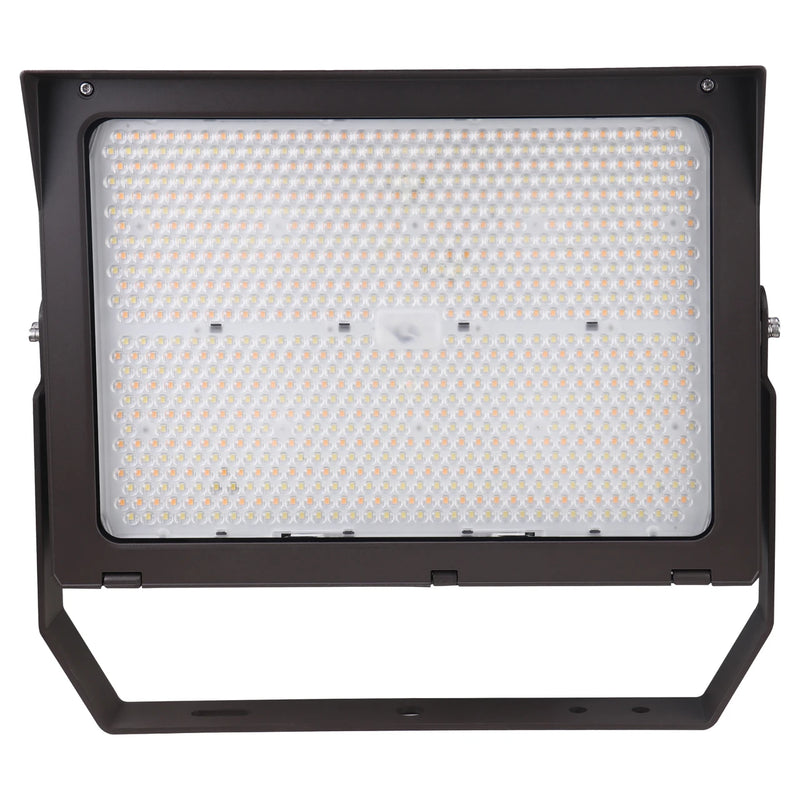 A large rectangular LED floodlight with a bronze metal housing and mounting bracket, featuring a white diffuser cover with a dense grid of small warm-white LED chips.