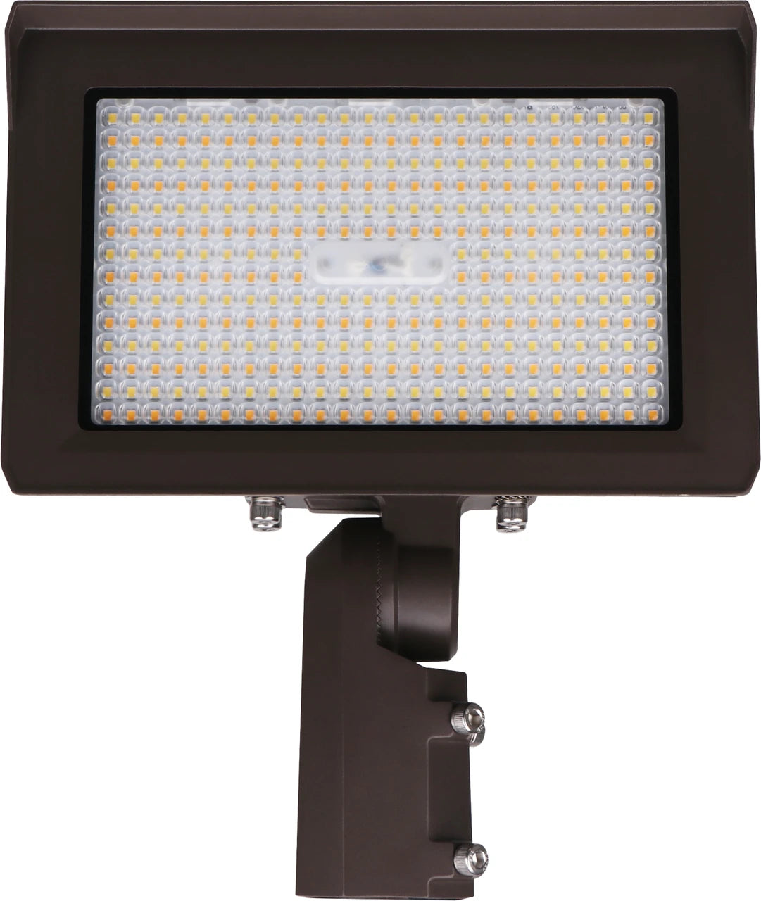 A rectangular outdoor LED wall light fixture in a dark brown finish, featuring a large grid of illuminated LED chips on its front face and a mounting bracket below, shown against a plain white background.