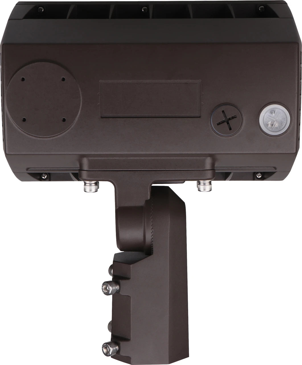 A dark brown outdoor light fixture or sensor unit with a mounting bracket, shown from a top-down angle on a white background.