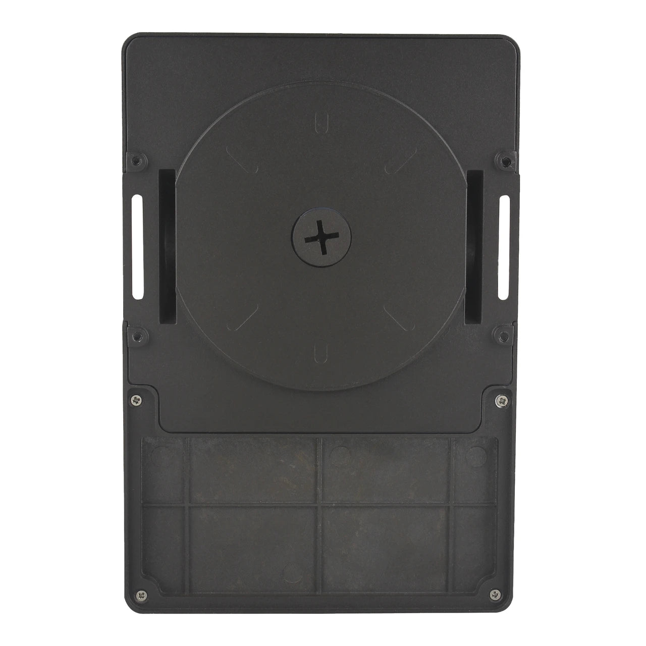 A black plastic mounting bracket or panel with a circular dial area, screw holes, and a textured lower section, shown against a plain white background.