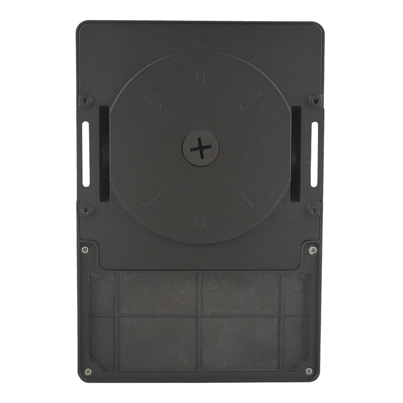 A black plastic mounting bracket or panel with a circular dial area, screw holes, and a textured lower section, shown against a plain white background.