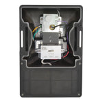 An open black plastic electrical junction box showing internal wiring and components, including a white E5L relay and a white rotary switch, photographed against a solid white background.