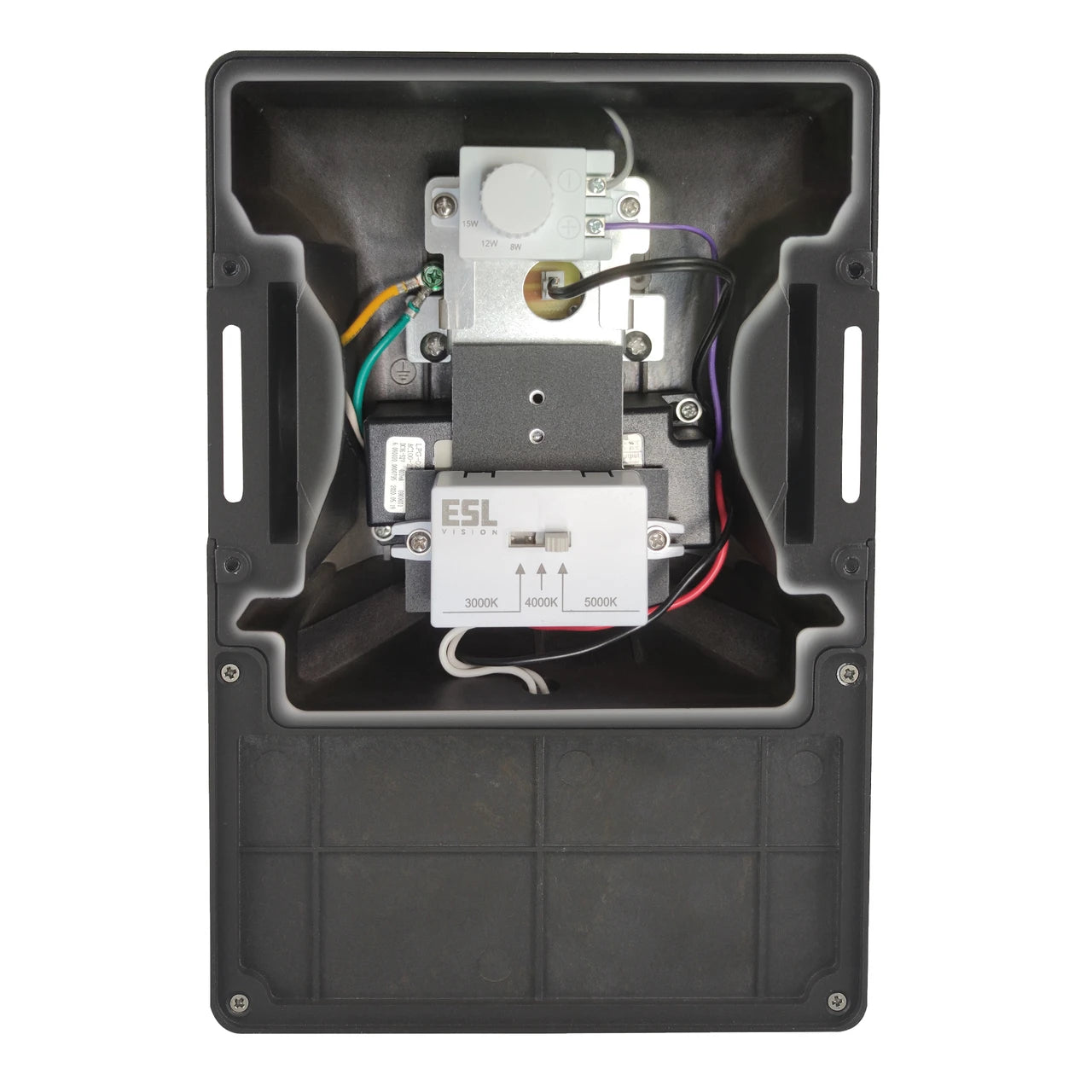 An open black plastic electrical junction box showing internal wiring and components, including a white E5L relay and a white rotary switch, photographed against a solid white background.