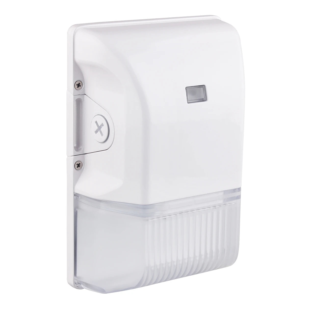A white wall-mounted dispenser with a clear ribbed lower section, shown on a plain white background.