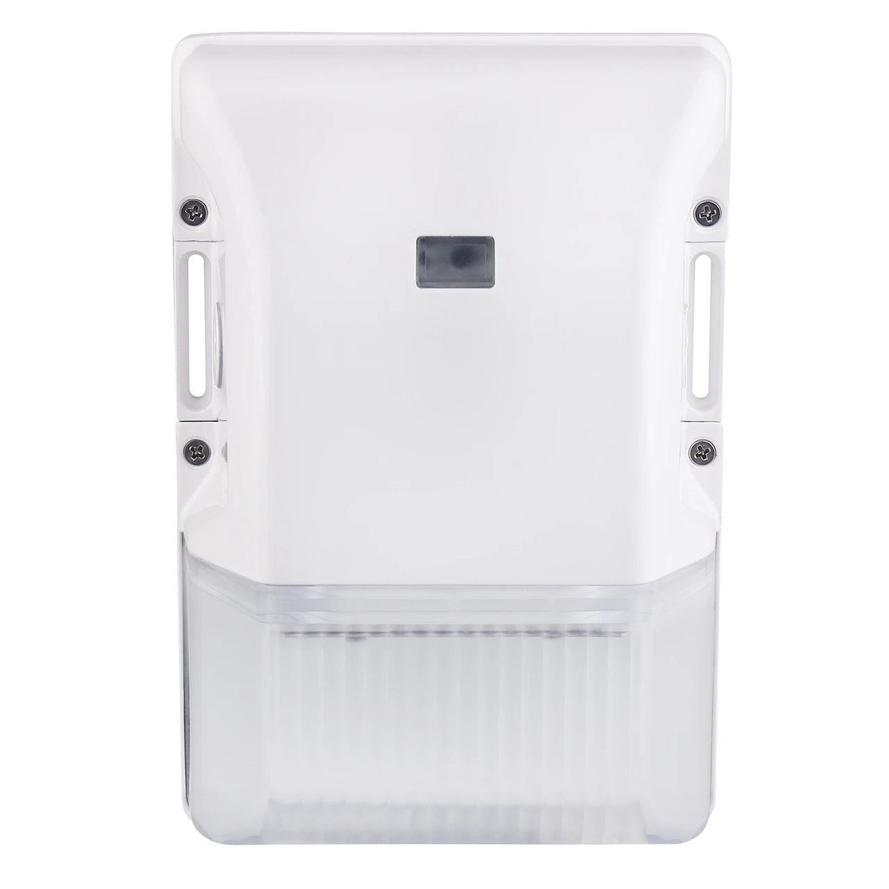 A white plastic wall-mounted outdoor light fixture with a clear ribbed lower cover, shown against a plain white background.