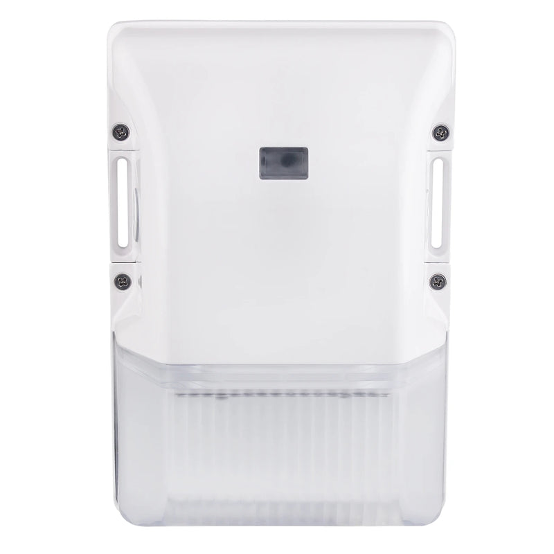 A white plastic wall-mounted outdoor light fixture with a clear ribbed lower cover, shown against a plain white background.
