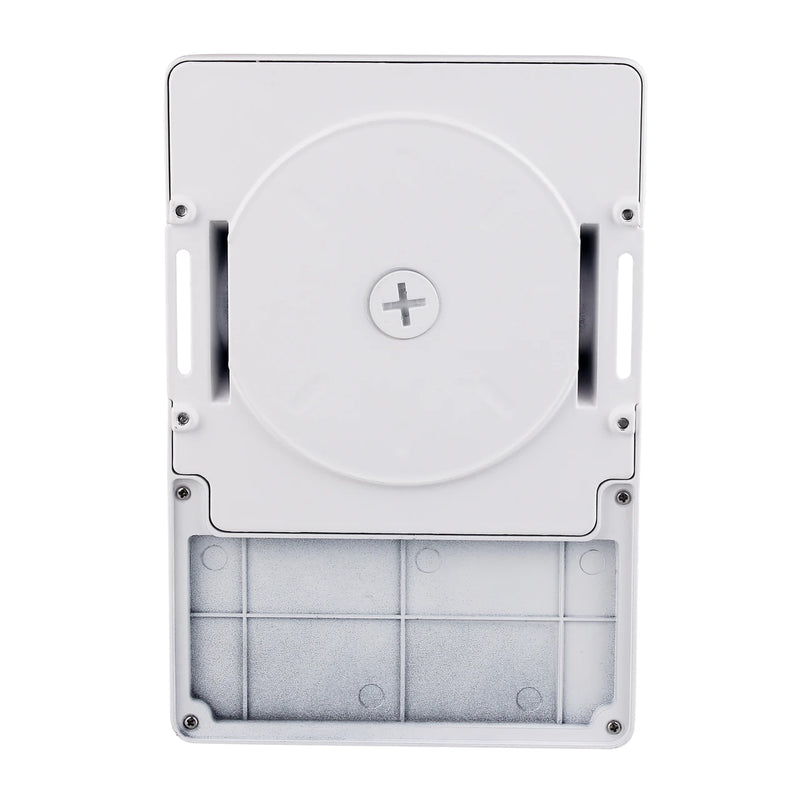 White rectangular mounting bracket or enclosure cover with a circular top section, a central screw fastener, side cutouts, and a lower grid-patterned section, shown on a plain white background.