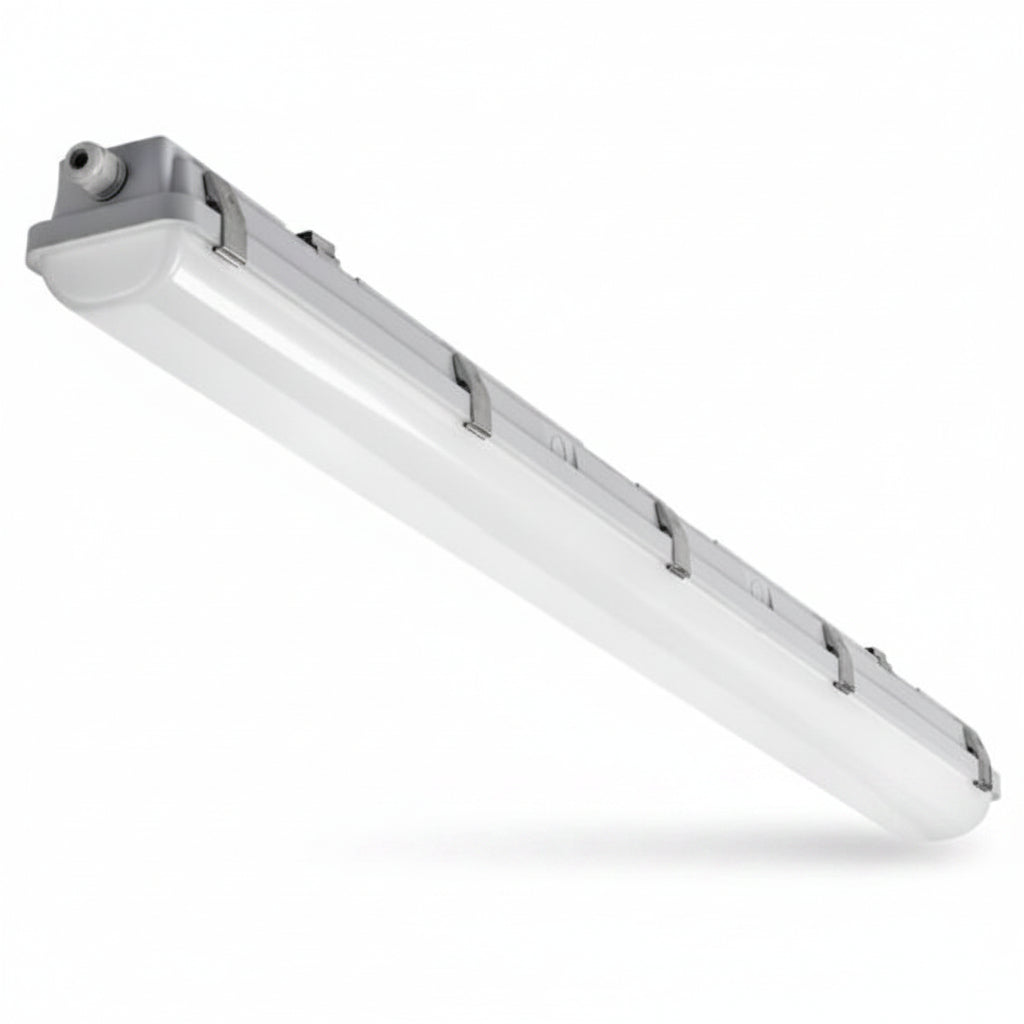 Gray industrial-style 8ft led slim linear vapor tight light fixture with translucent diffuser and metallic housing