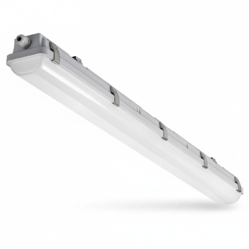 Gray industrial-style 8ft led slim linear vapor tight light fixture with translucent diffuser and metallic housing