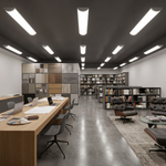 Modern minimalist office space illuminated by 4 foot led grille fixture with perforated diffuser and wood accents