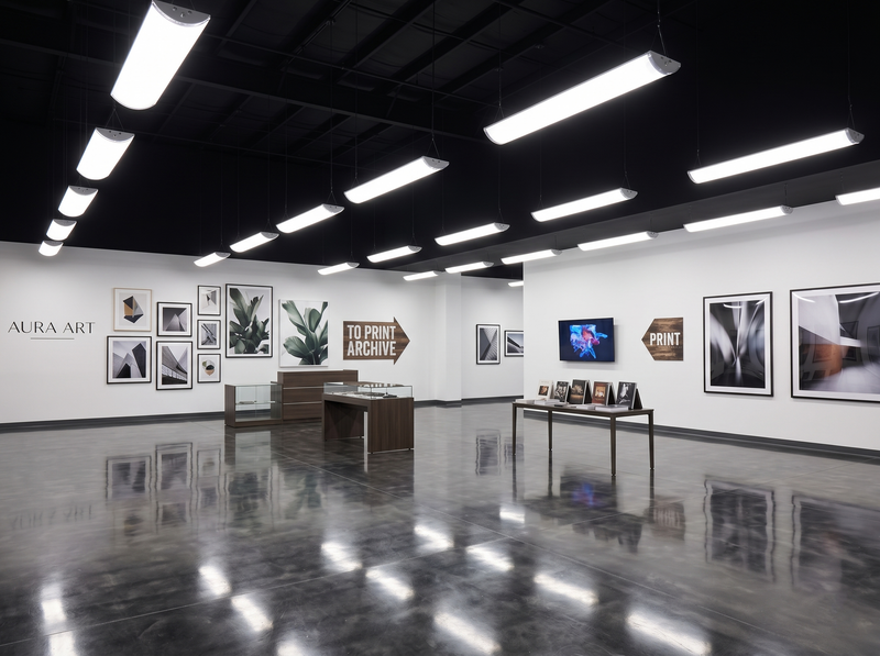 The sleek minimalist gallery features a 4 foot led grille fixture with steel perforated diffuser and 5200 lumen max lighting