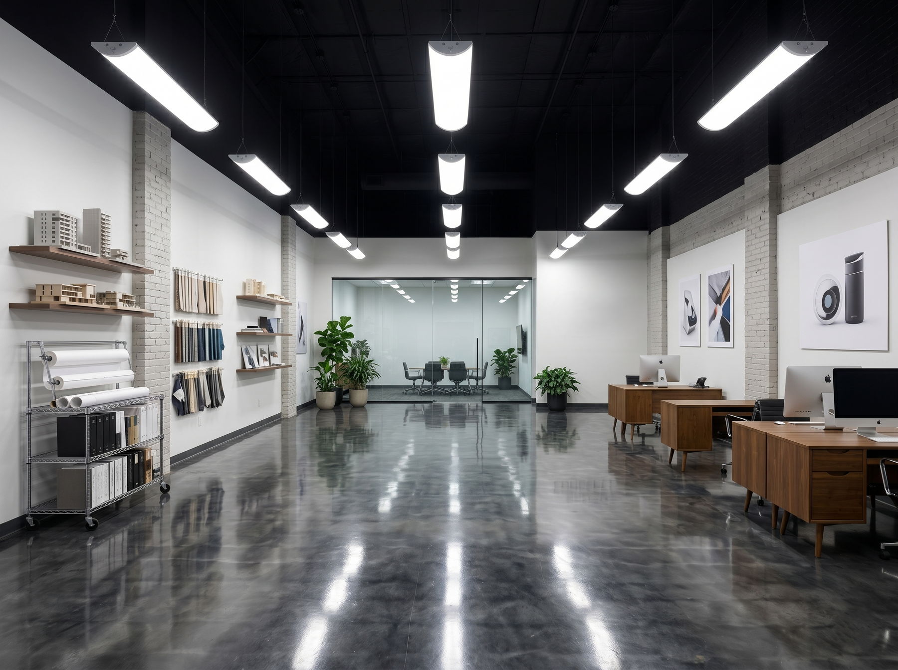 Modern minimalist office lit by 4 foot led grille fixture with steel perforated diffuser and bright linear lights