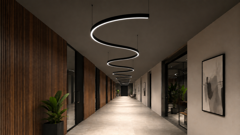 A modern hallway with a long black spiral pendant light hanging from the ceiling, shown in a real interior environment with wood-paneled walls, glass doors, framed wall art, and potted plants.