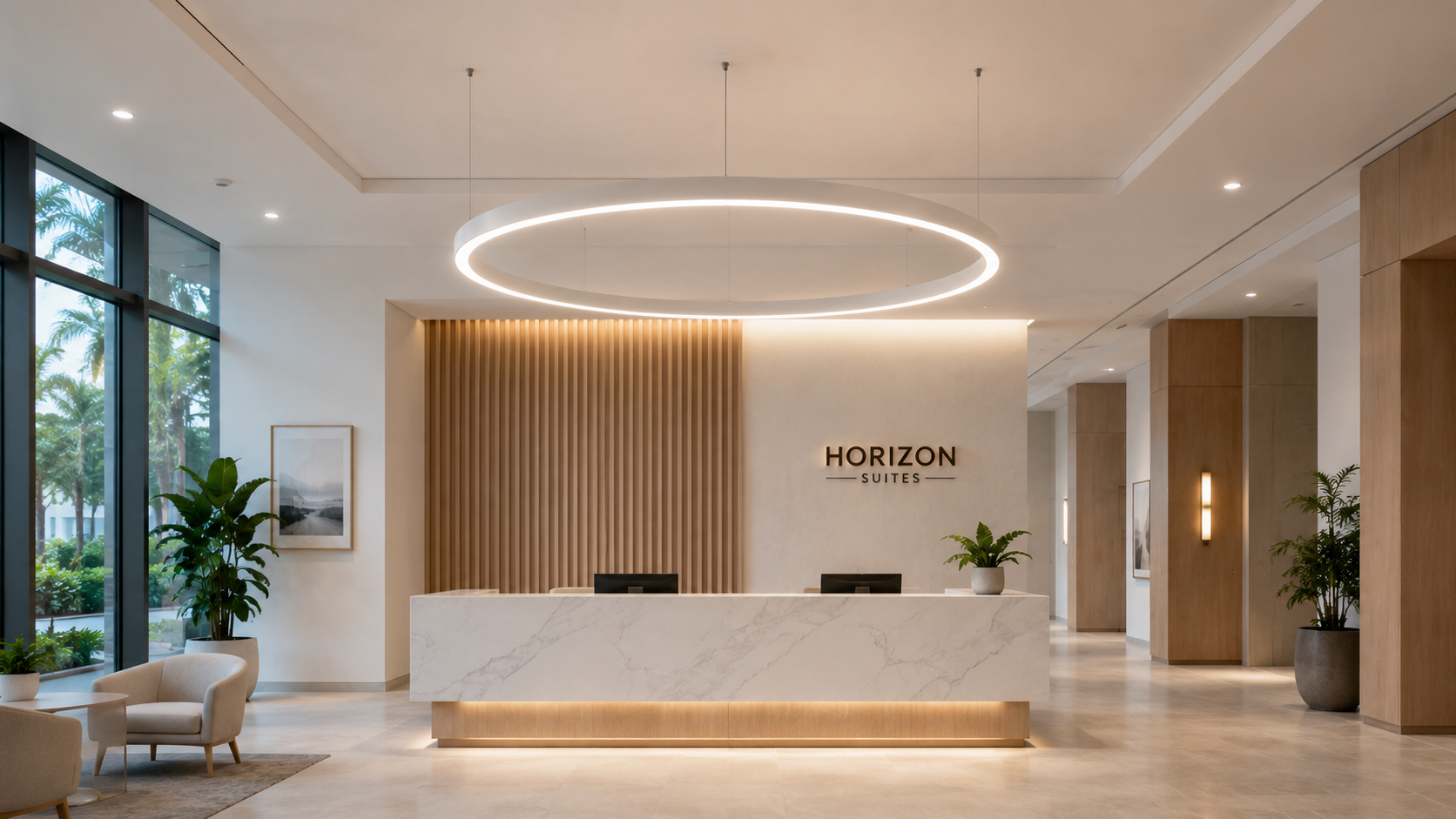 A modern hotel lobby reception area with a white marble front desk, warm wood slat wall, and a circular LED pendant light overhead. The wall displays the text 'HORIZON SUITES'.