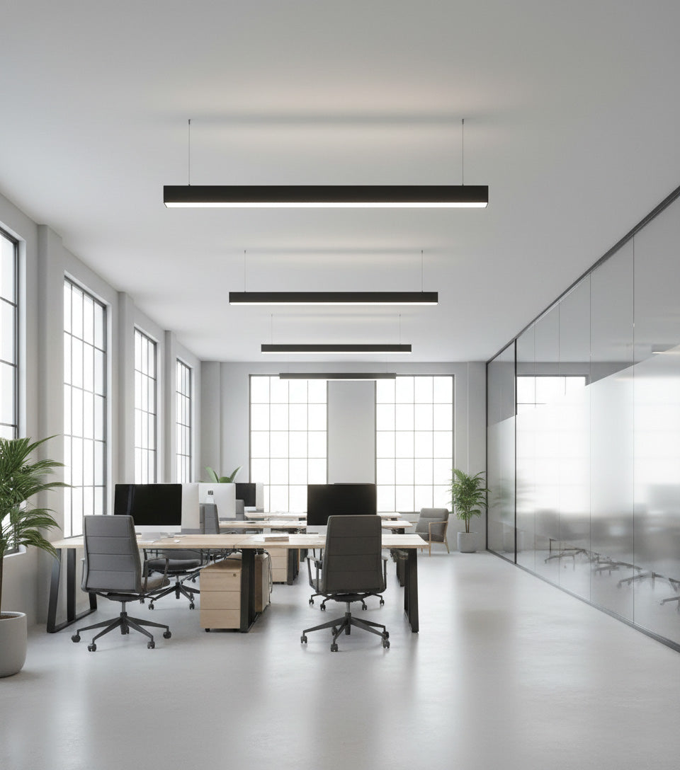 4 FT LED Direct/Indirect Suspended Linear Fixture, 4" Wide, 5750 Lumen Max, Wattage and CCT Selectable, 120-277V, White or Black Finish