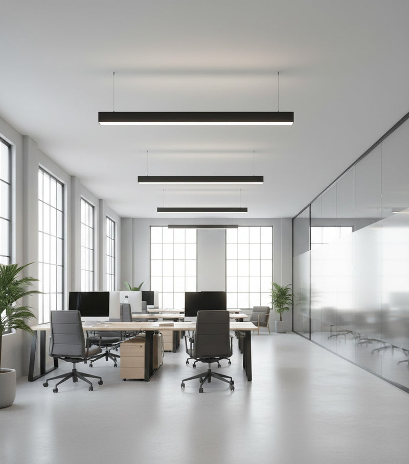 4 FT LED Direct/Indirect Suspended Linear Fixture, 4" Wide, 5750 Lumen Max, Wattage and CCT Selectable, 120-277V, White or Black Finish
