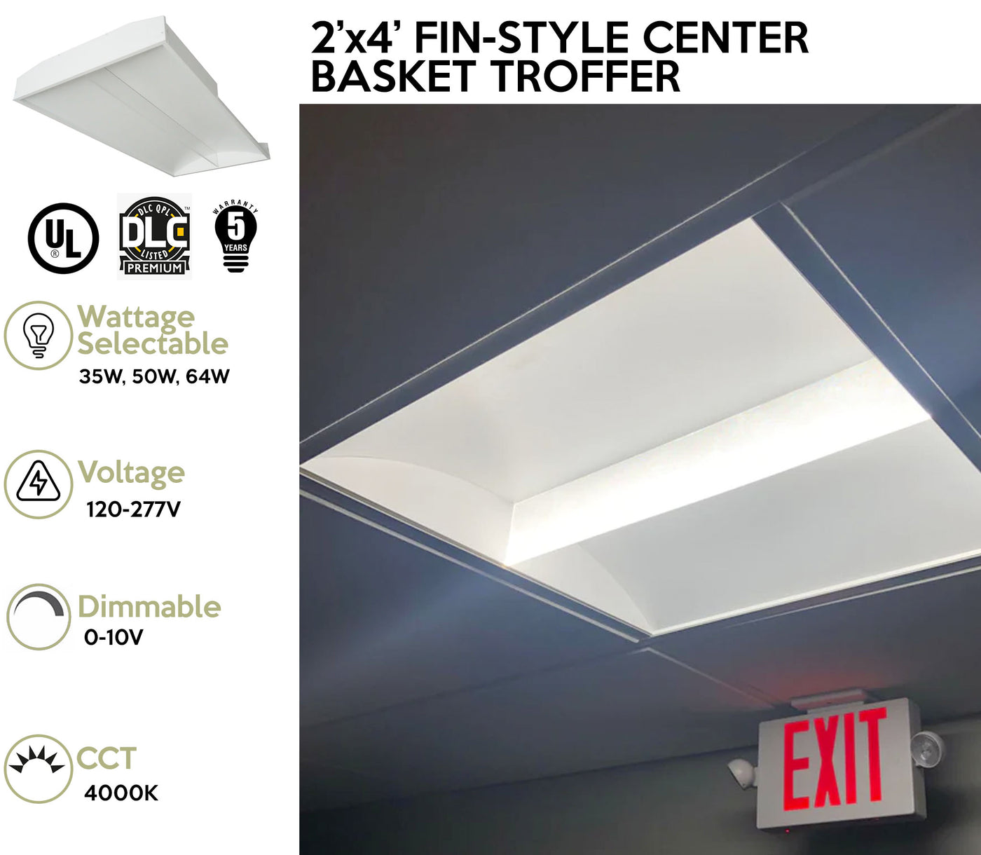 2 x 4 Foot LED Fin-Style Center Basket Troffer, Wattage Selectable: 35/50/64, 120-277V, 4000K