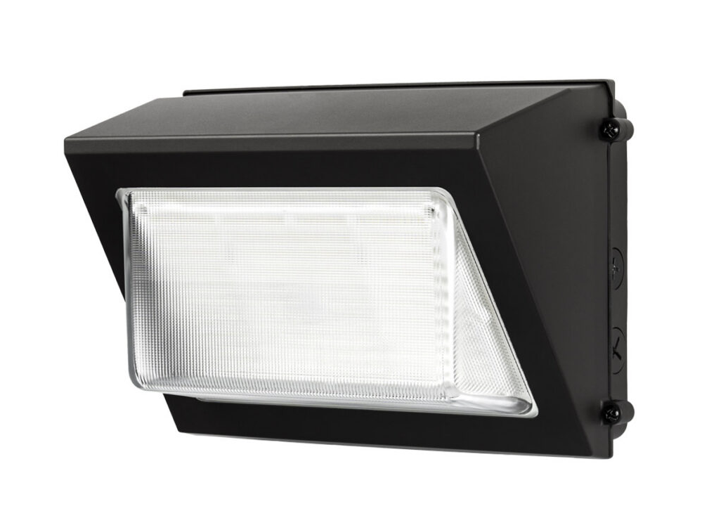 Black rectangular wall mounted led light fixture with clear textured diffuser from atlas lighting’s economy line lower cost entry point