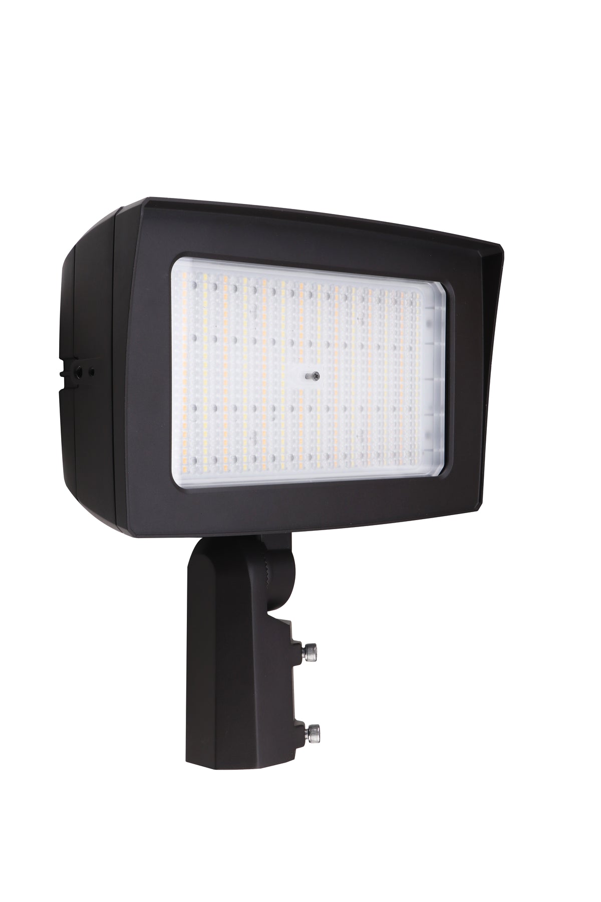 Black rectangular led flood light with integrated photocell and clear diffuser panel showing led array