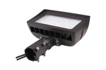 Black rectangular led flood light fixture with integrated photocell, matte finish, and visible mounting hardware