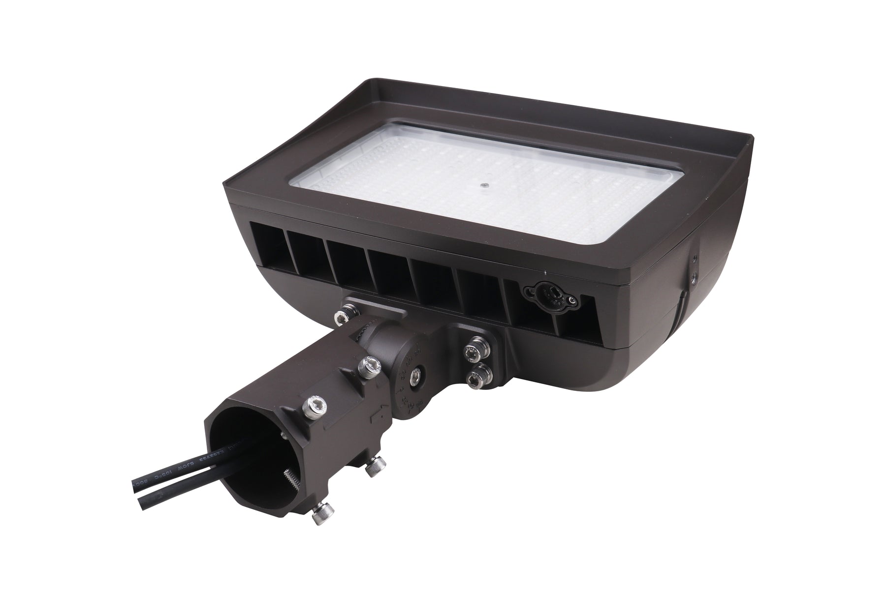 Black rectangular led flood light fixture with integrated photocell, matte finish, and visible mounting hardware