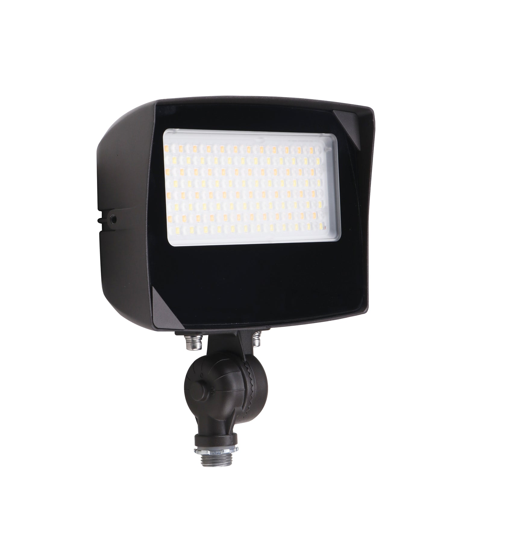 Black led flood light with rectangular white leds, adjustable arm, integrated photocell, 5250 lumen max output