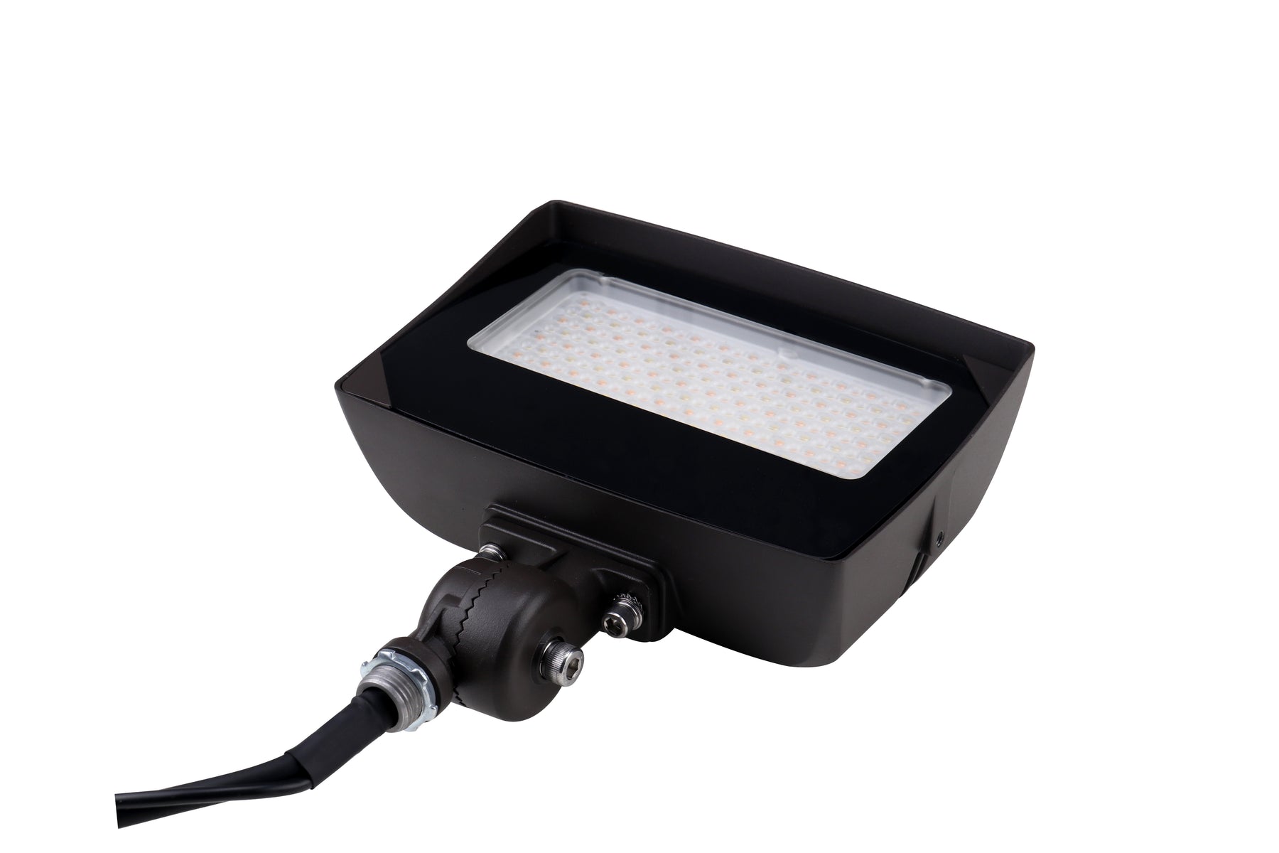 Black rectangular led flood light with matte finish and integrated photocell featuring visible white led array