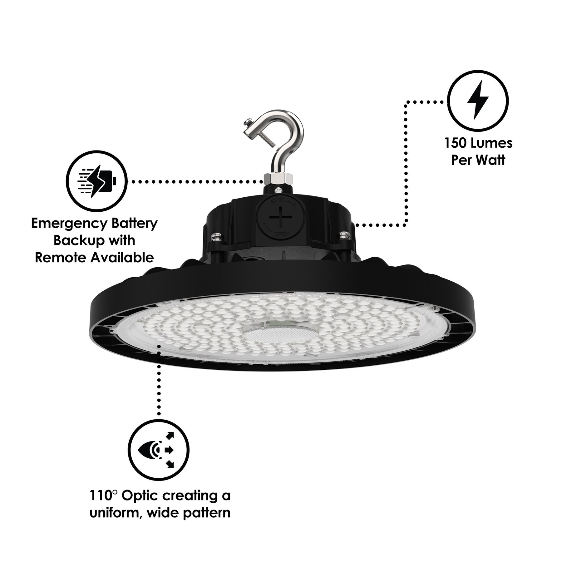Static LED UFO High Bay, 15,000 Lumens, 100 Watt, 5000K, 120-277V, Black Finish