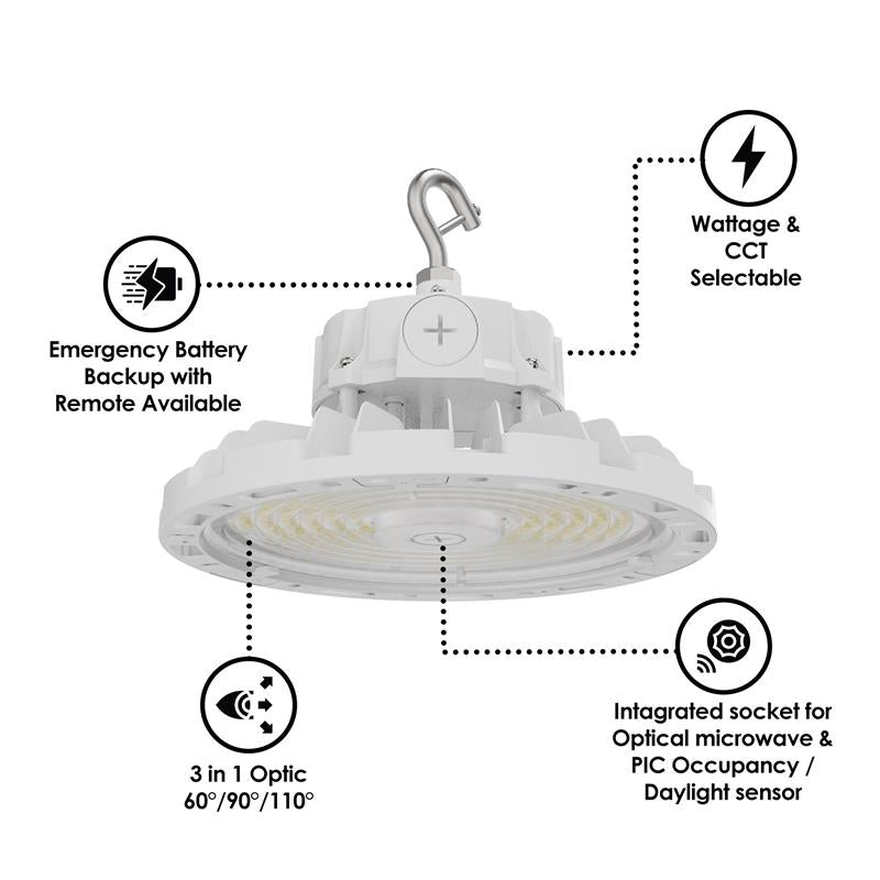 Aries G4 LED UFO High Bay, 24,000 Lumen Max, Wattage and CCT Selectable, White Finish, Comparable to 320-400 Watt HID Fixture, 120-277V