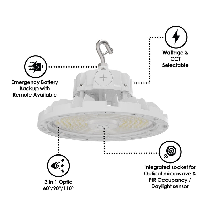 Aries G4 LED UFO High Bay, 24,000 Lumen Max, Wattage and CCT Selectable, White Finish, Comparable to 320-400 Watt HID Fixture, 120-277V