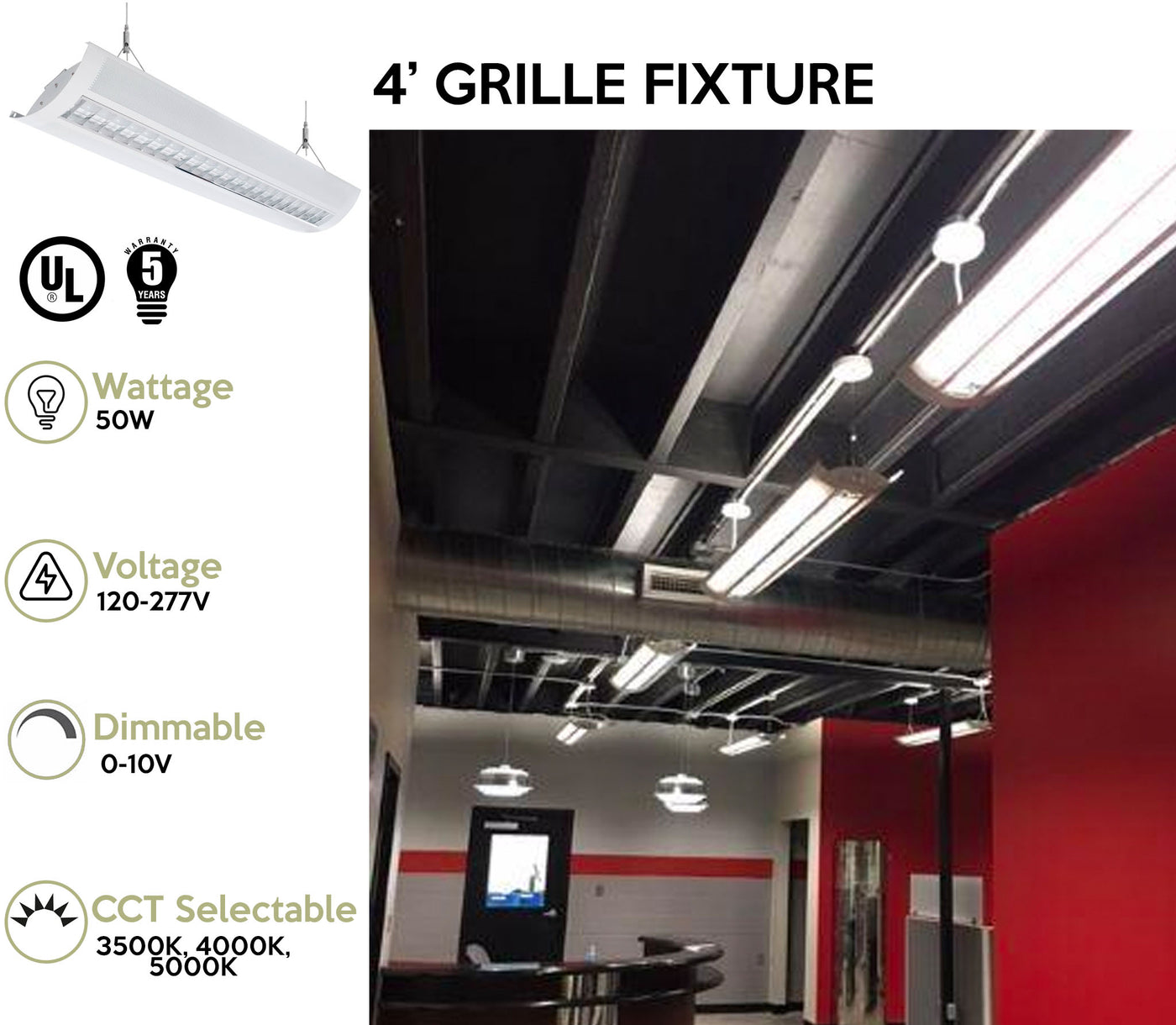 4 Foot LED Direct/Indirect Grille Fixture With Metal Shade, 50W, 120-277V, CCT Selectable 3500K / 4000K / 5000K