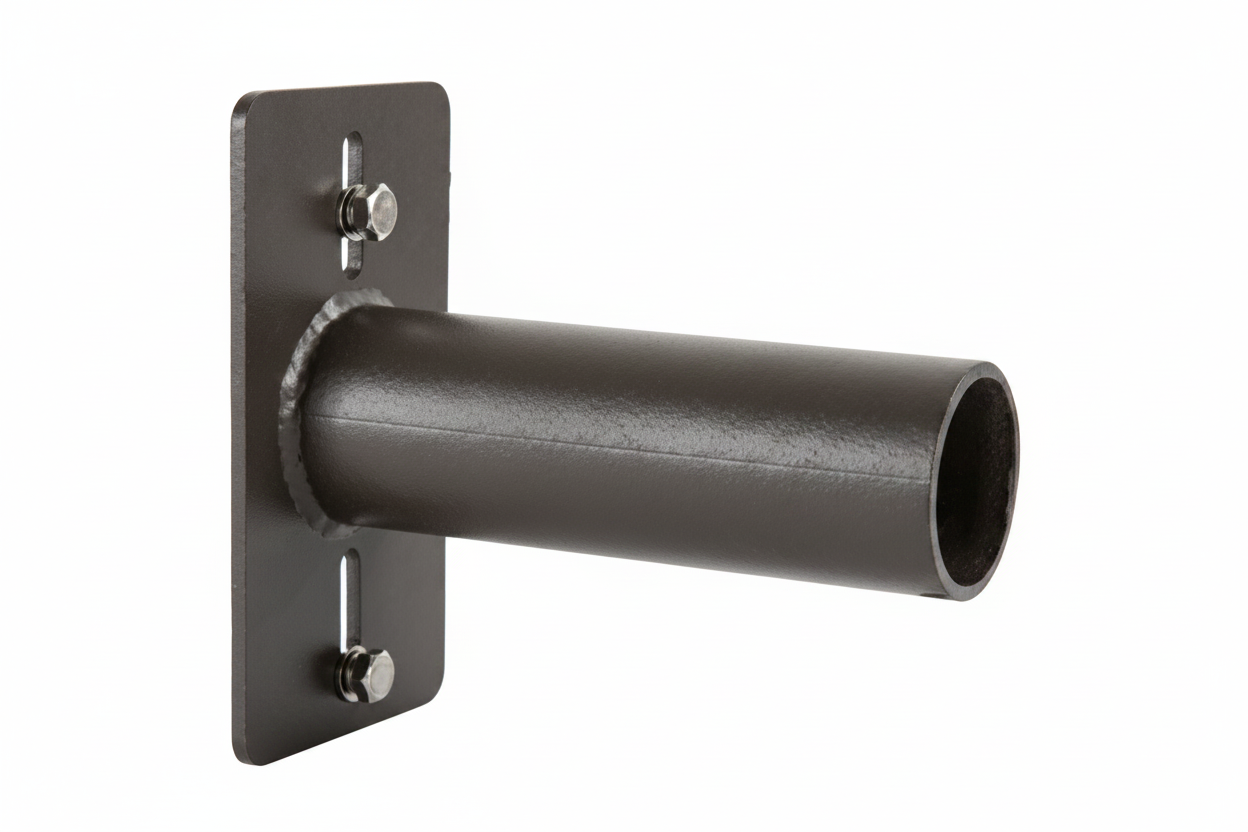 Black metal wall-mounted bracket on a white background