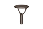 Round metal table with a cylindrical base on a white background