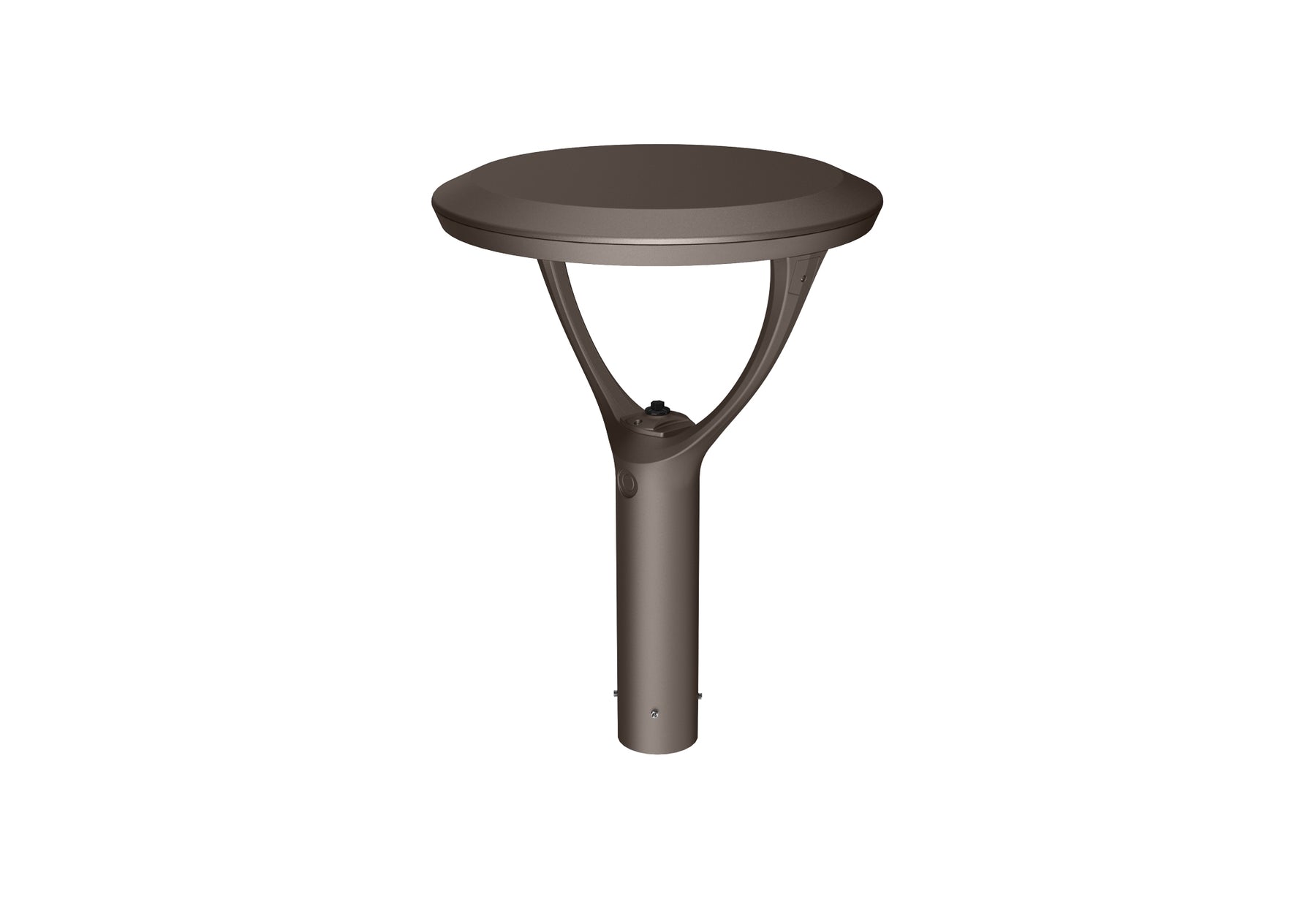 Round metal table with a cylindrical base on a white background
