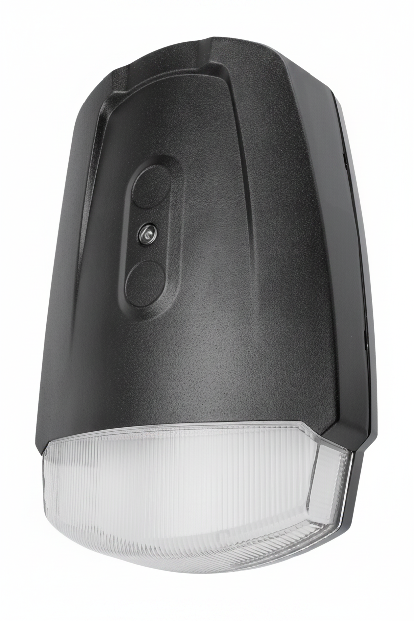 Black plastic led mini wall pack with clear ribbed lens 20w 2660 lumens cct selectable emergency backup