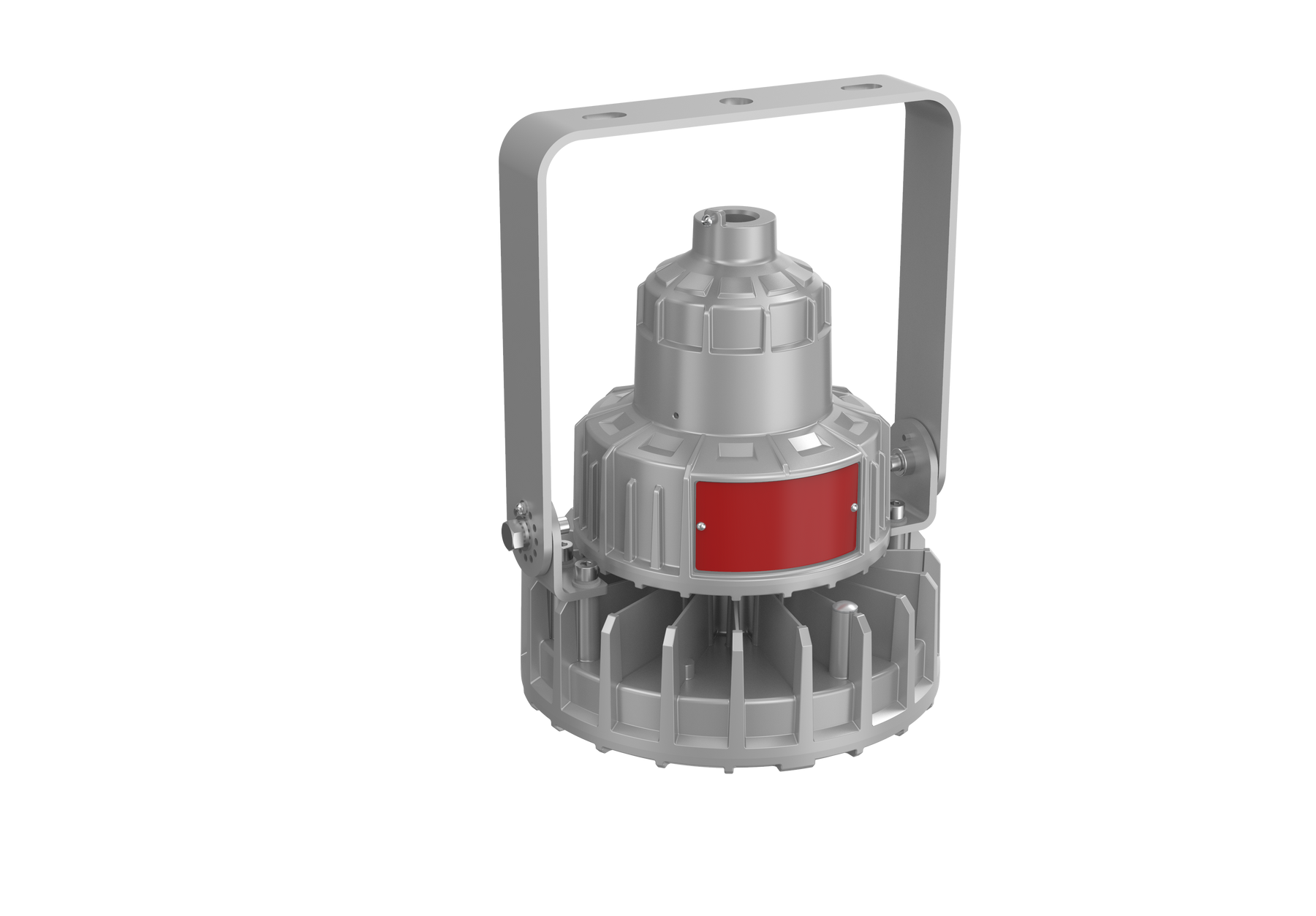 Metallic lowbay light with red accent on a white background