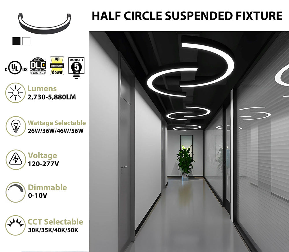 36" 1/2 Circle LED Direct/Indirect Suspended Linear Fixture, 5880 Lumen Max, Wattage and CCT Selectable, 120-277V, White or Black Finish