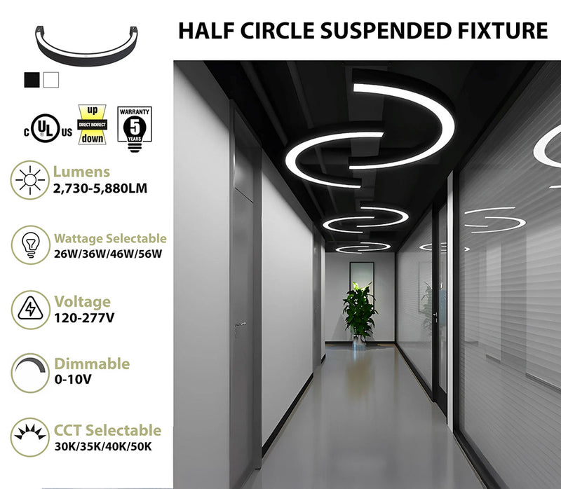 36" Half Circle LED Direct/Indirect Suspended Fixture, 2" Wide, 5880 Lumen Max, Wattage and CCT Selectable, 120-277V, White or Black Finish