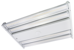 A rectangular high-bay LED ceiling light fixture with three parallel illuminated light tubes, shown at an angle on a solid white background.