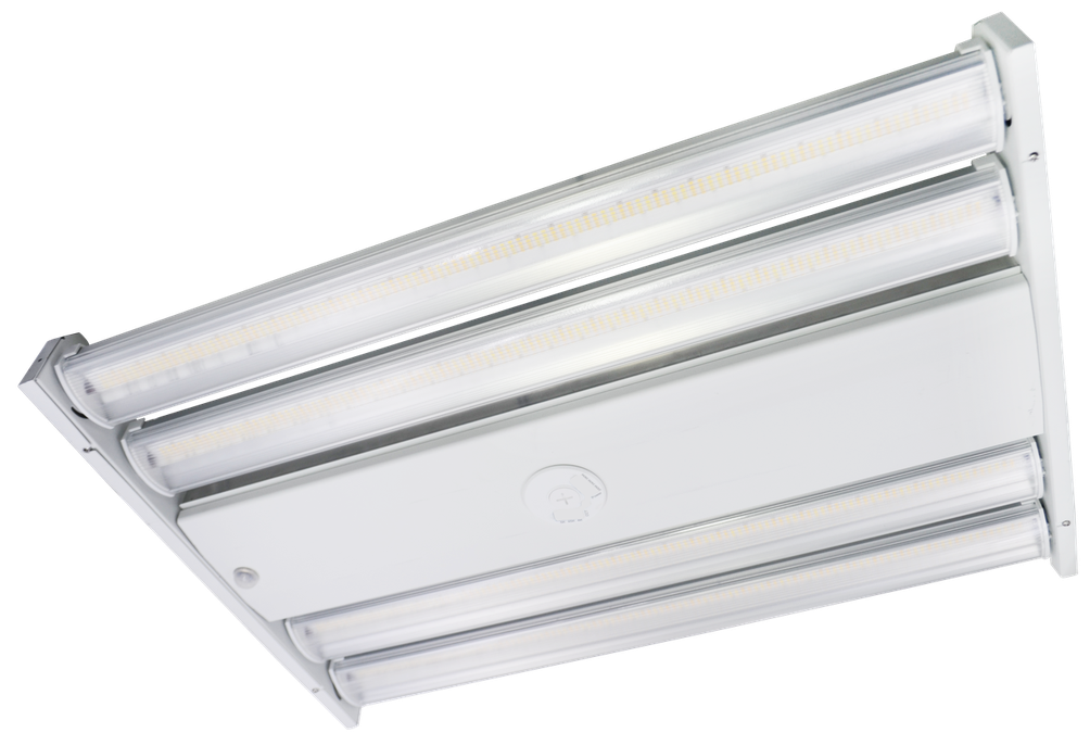 A rectangular high-bay LED ceiling light fixture with three parallel illuminated light tubes, shown at an angle on a solid white background.