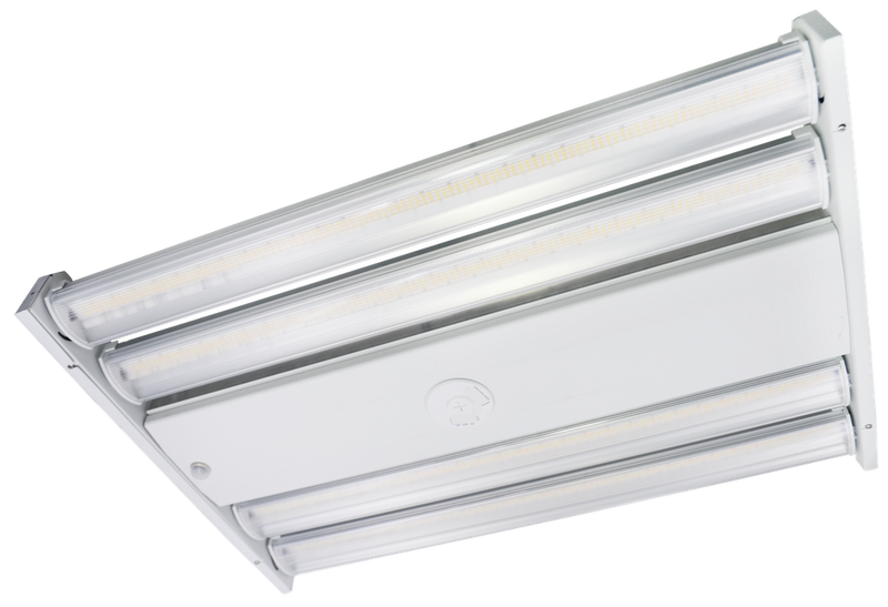 A rectangular high-bay LED ceiling light fixture with three parallel illuminated light tubes, shown at an angle on a solid white background.