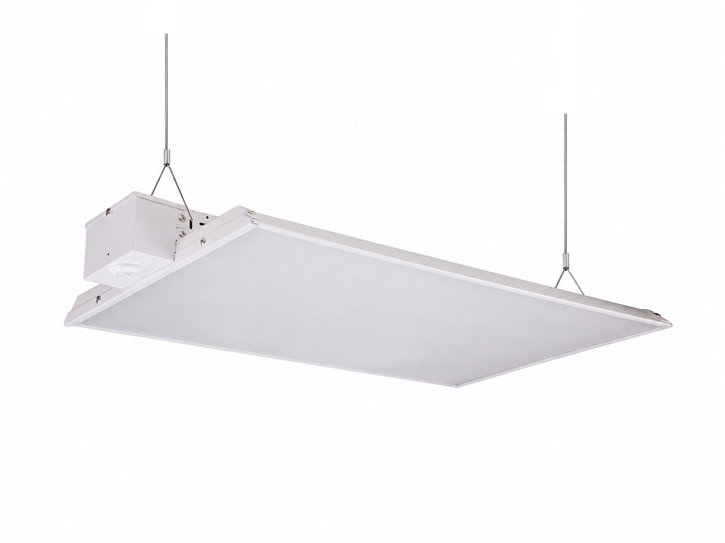 A white rectangular ceiling-mounted light fixture with a suspended metal frame and two hanging cables, shown against a plain white background.